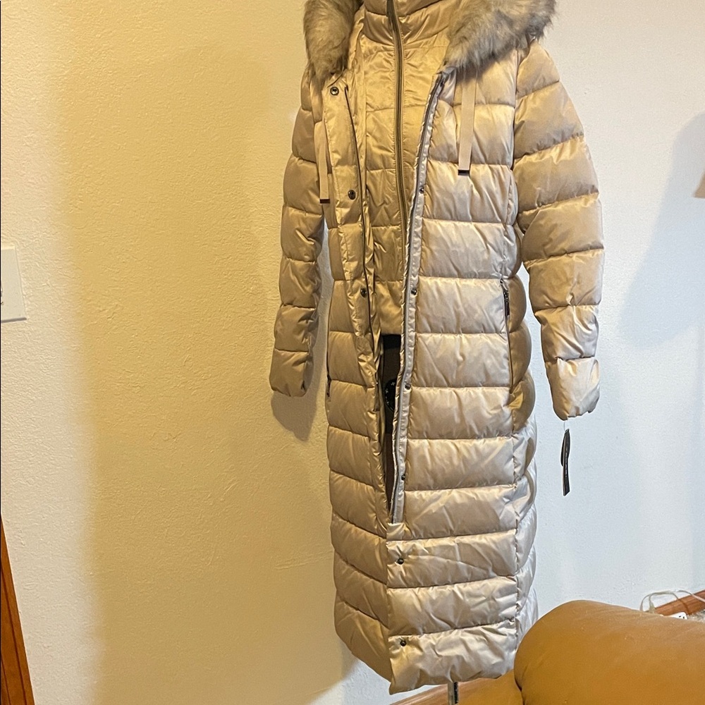 Tahari Cream Long Puffer Coat with Faux Fur Trim